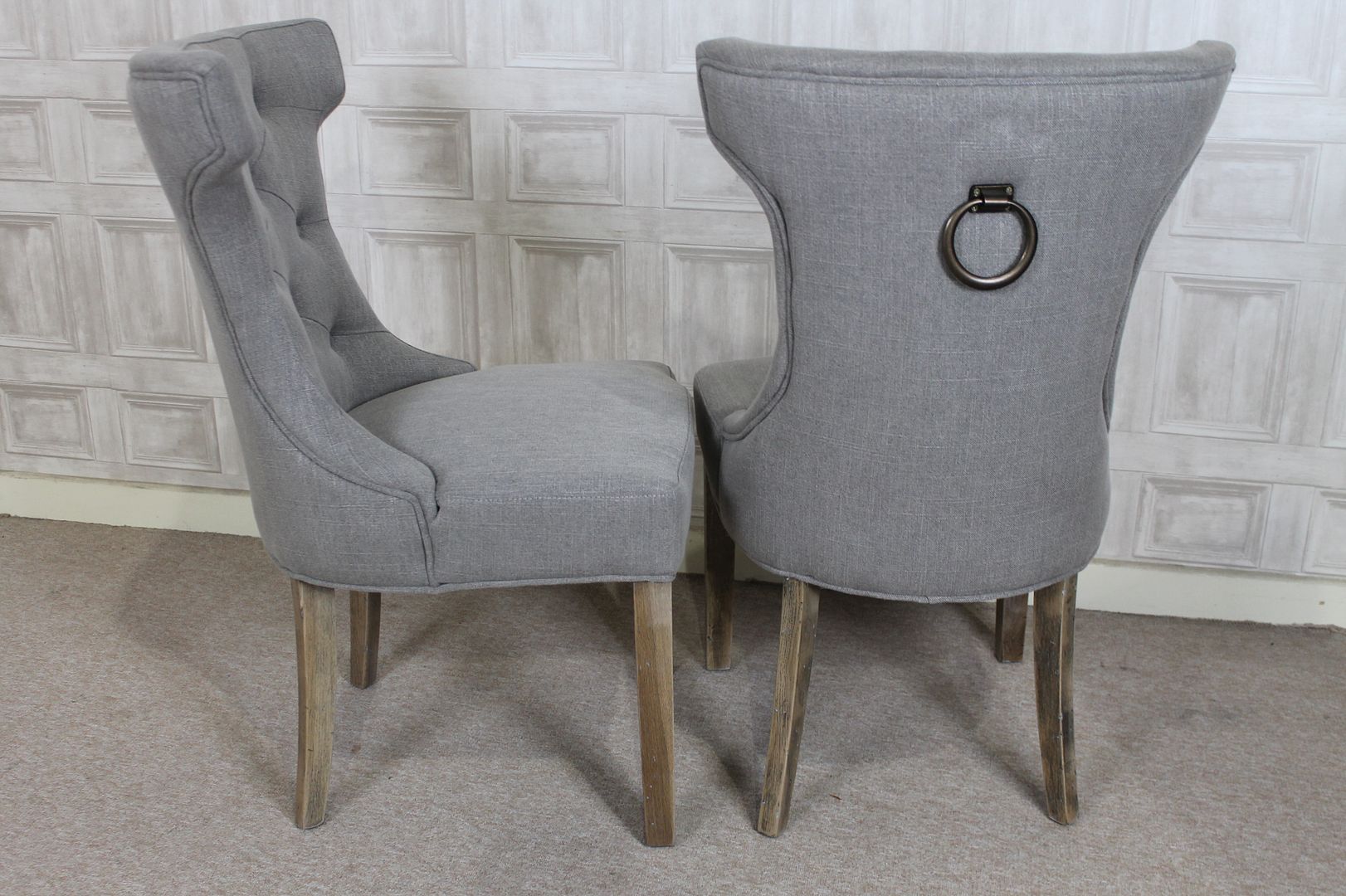 FRENCH STYLE UPHOLSTERED DINING CHAIR IN STONE WITH BUTTON BACK AND